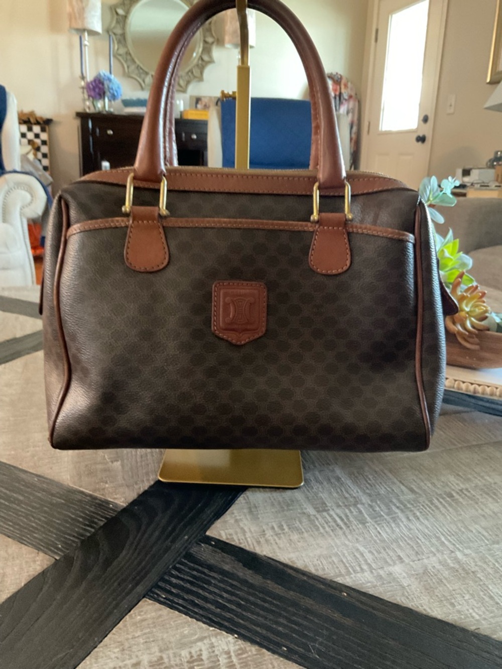 Celine Brown and Dark Brown Coated Canvas Top-Handle Boston bag